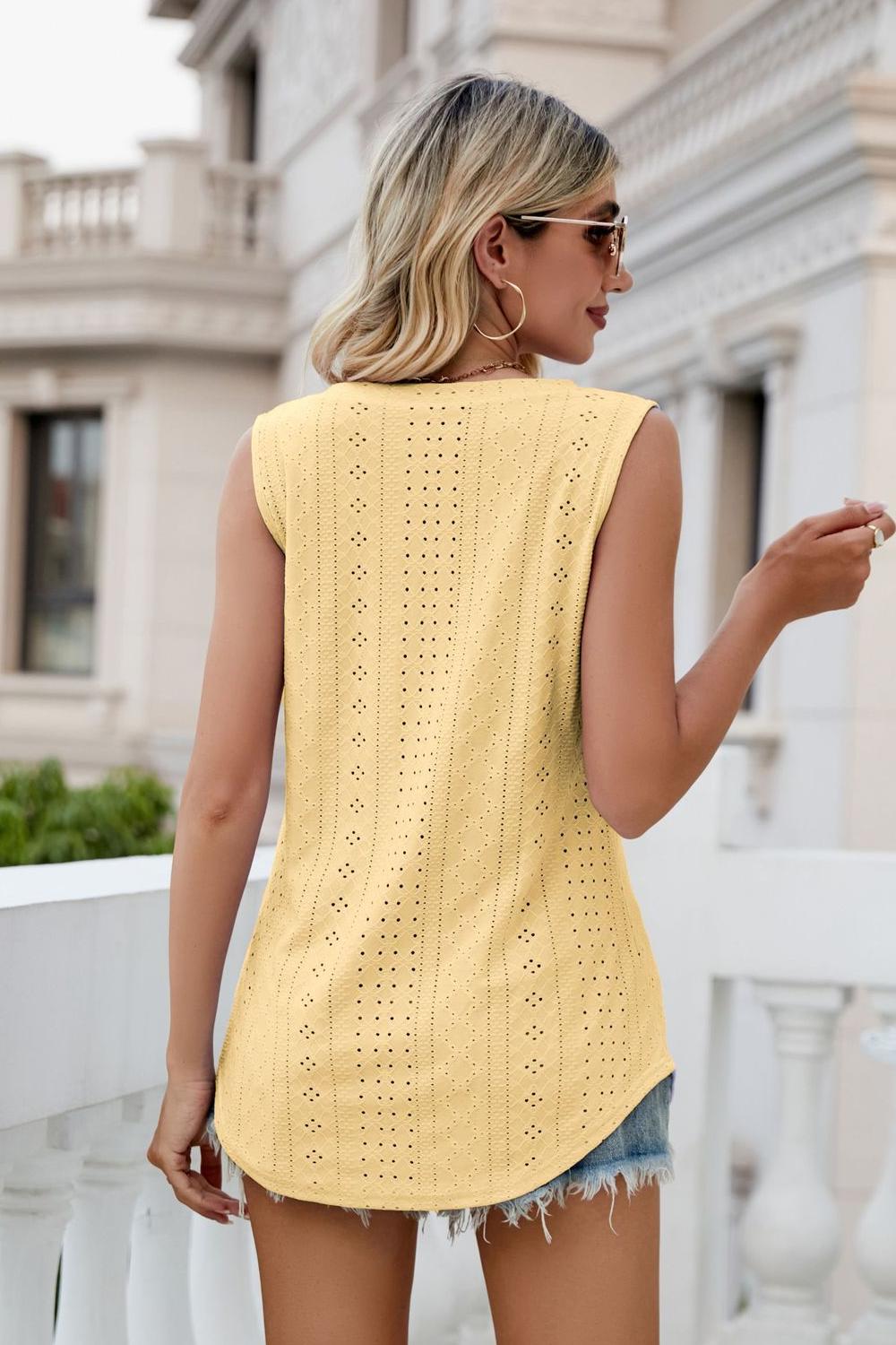 Back view of model wearing yellow Ladies Sleeveless Eyelet V-Neck Tank