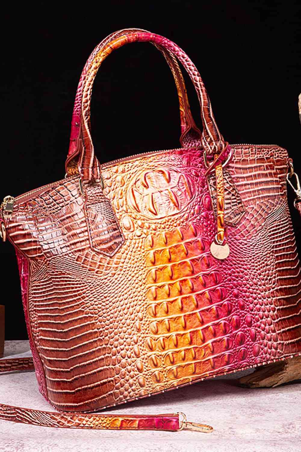 Luxurious Ladies Brown-Pink Crocodile Gradient Texture PU Leather Handbag