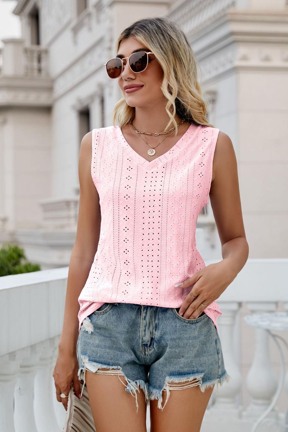 Ladies Sleeveless Eyelet V-Neck Tank