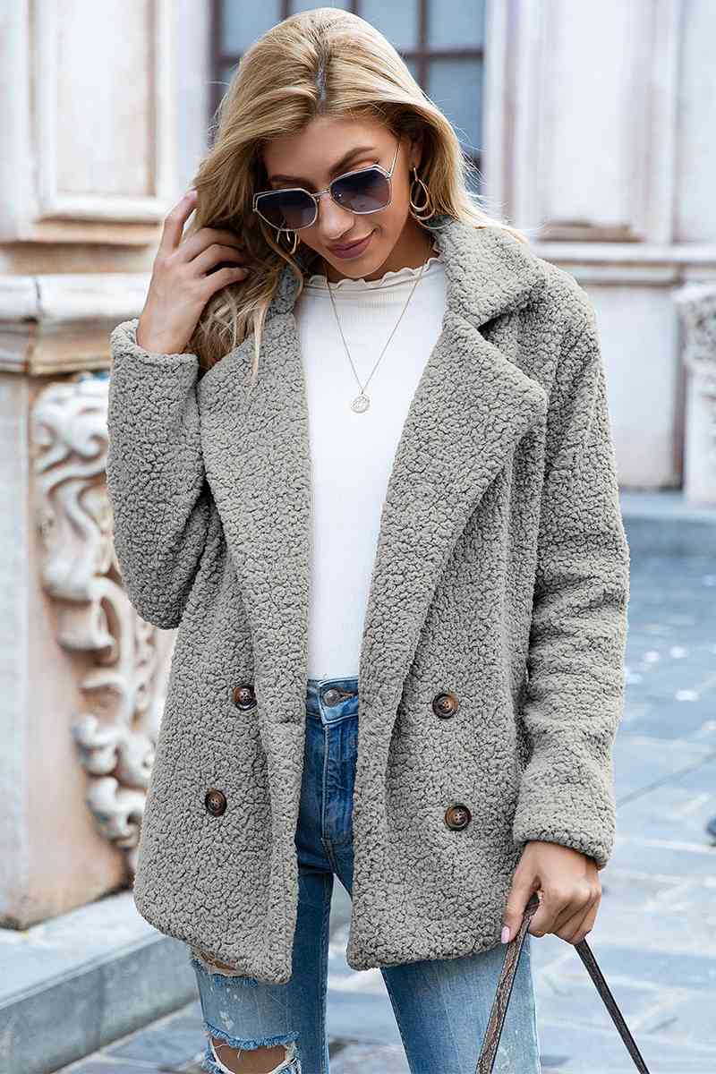 Model wearing Light Gray Fashionable Women's Lapel Collar Sherpa Coat