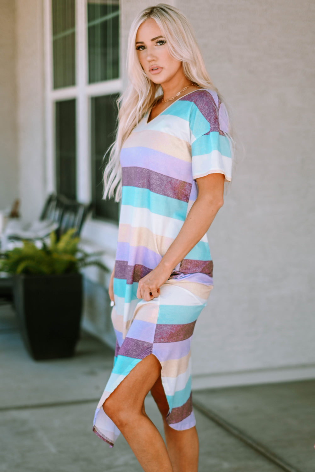 Women's Striped Colorful Hem Midi Dress