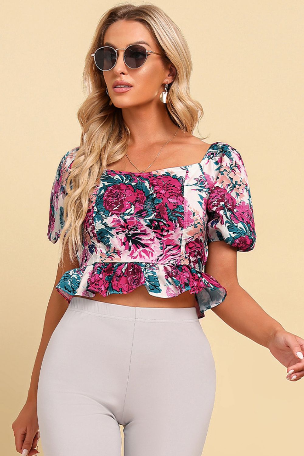 Ladies Floral Tied Cropped Peplum Blouse