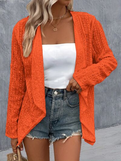 Model wearing a Orange Contemporary Ladies Eyelet Roll-Tab Sleeve Cardigan