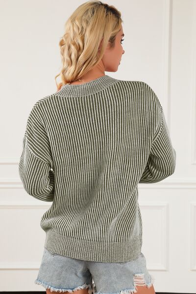 Back view of a model wearing a Sage Ladies Fashionable Striped Mock Neck Dropped Shoulder Sweater