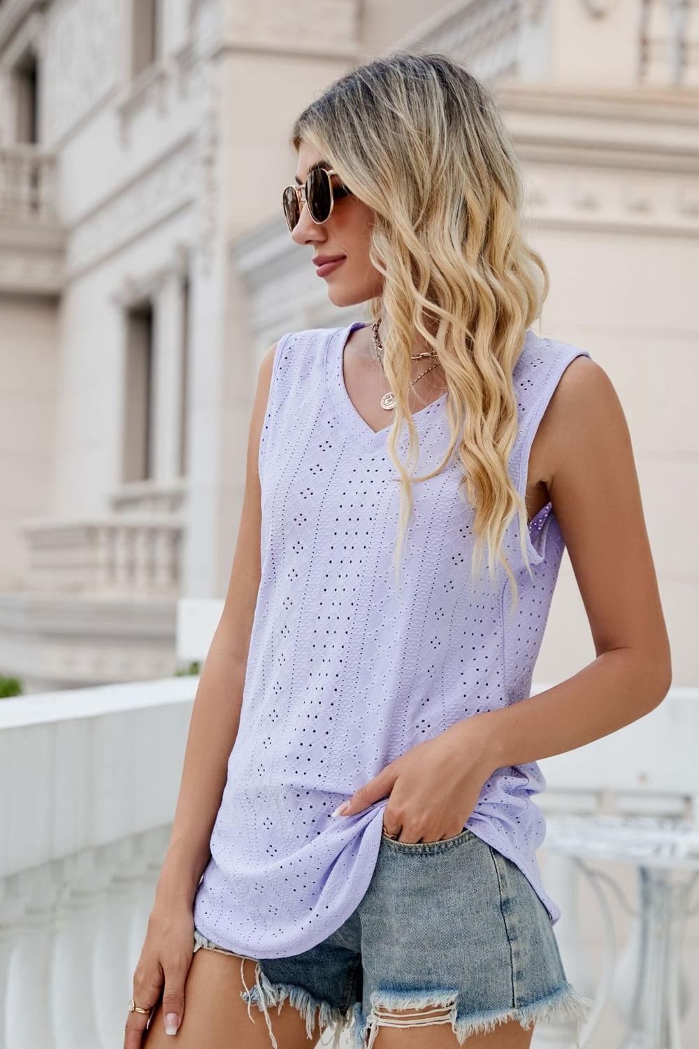 Ladies Sleeveless Eyelet V-Neck Tank