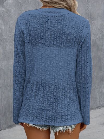 Back view of Model wearing a Dusty Blue Contemporary Ladies Eyelet Roll-Tab Sleeve Cardigan
