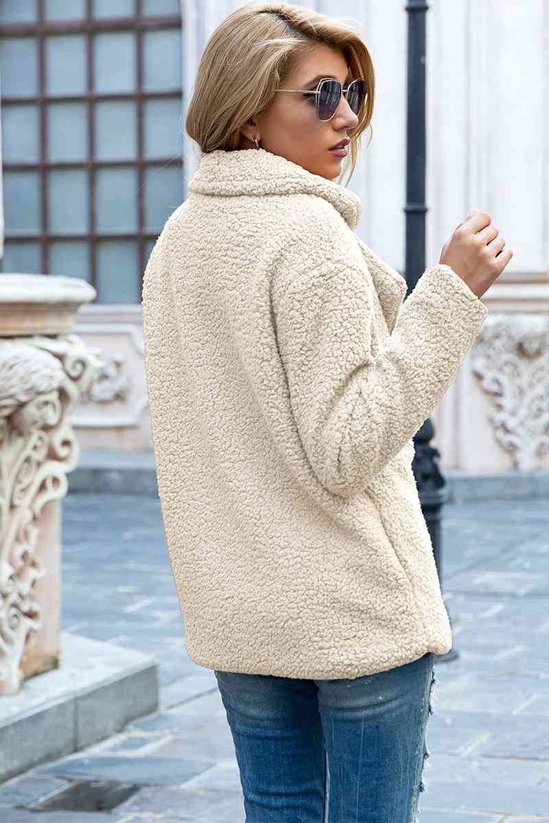 Model wearing Cream Fashionable Women's Lapel Collar Sherpa Coat back view