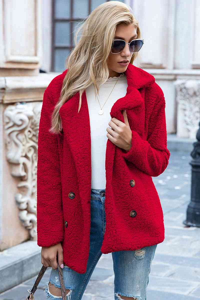 Model wearing Deep Red Fashionable Women's Lapel Collar Sherpa Coat