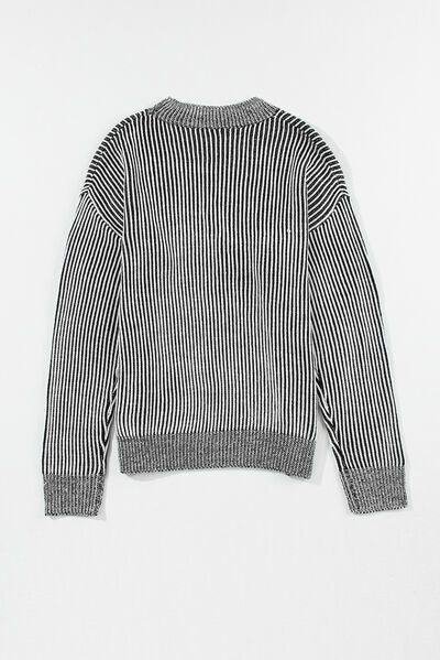 A Black Ladies Fashionable Striped Mock Neck Dropped Shoulder Sweater