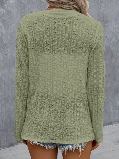 Back view of Model wearing a Sage Contemporary Ladies Eyelet Roll-Tab Sleeve Cardigan