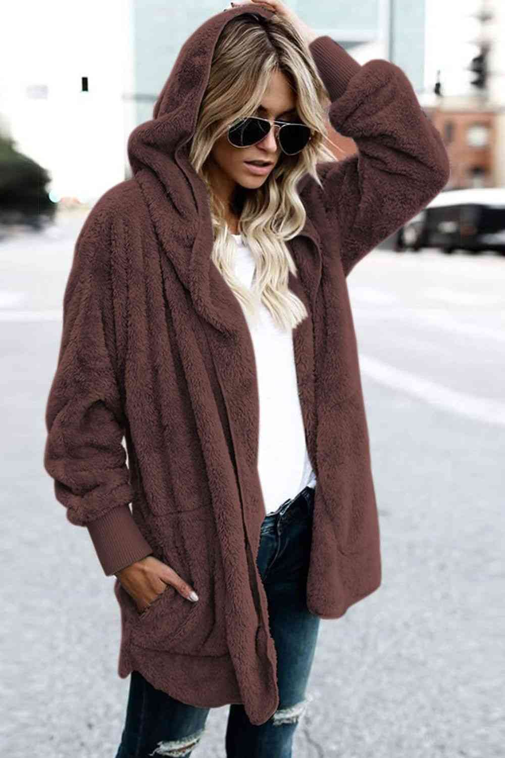 Model wearing a Chestnut Ladies Luxuriously Soft Hooded Teddy Jacket