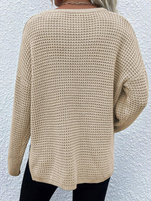 Back view of Women's Tan Modern Notched Sweater