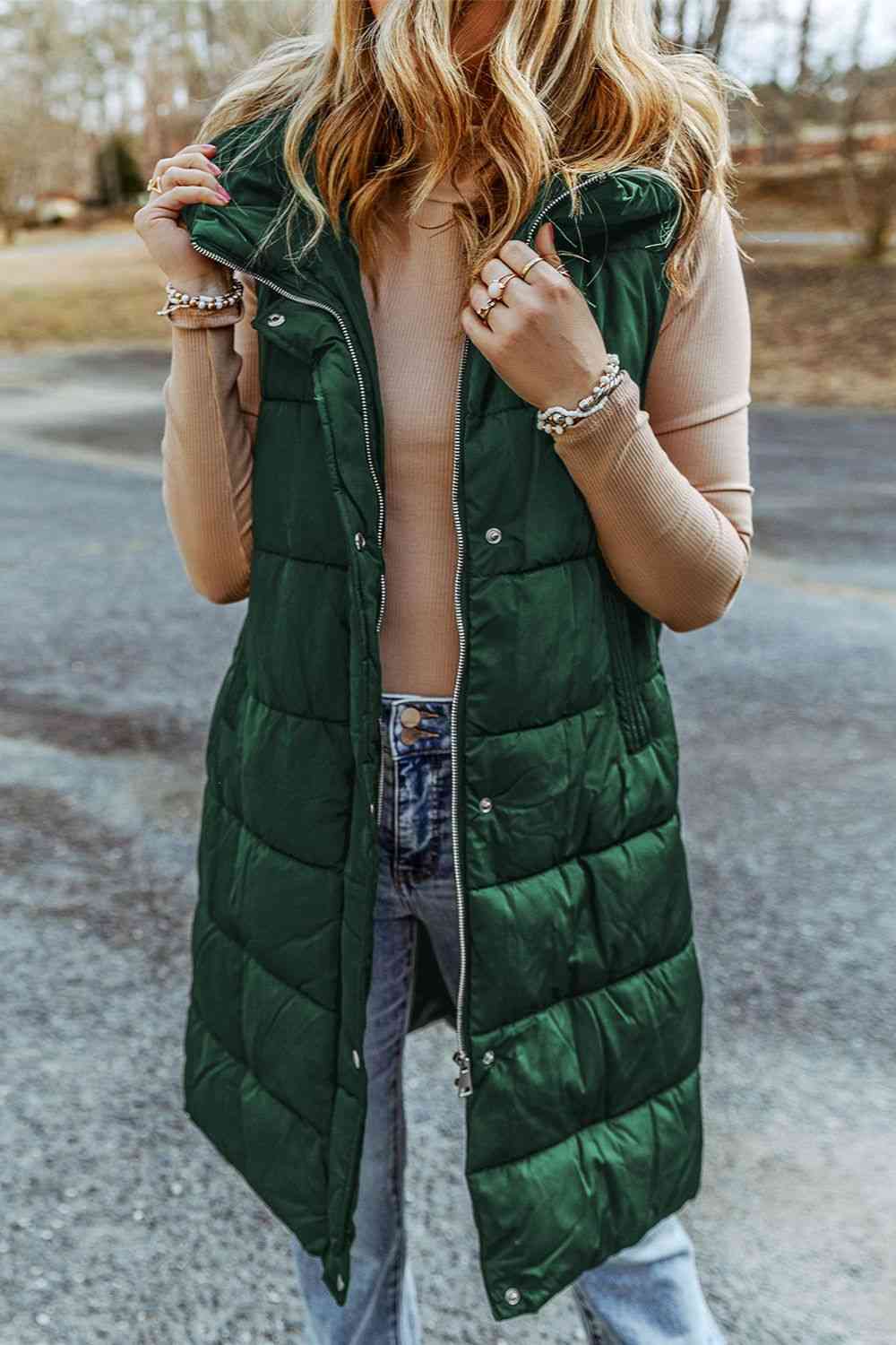 Ladies Sleeveless Longline Hooded Puffer Vest