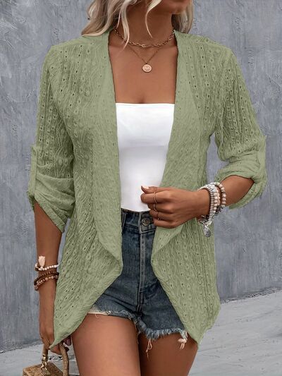 Model wearing a Sage Contemporary Ladies Eyelet Roll-Tab Sleeve Cardigan