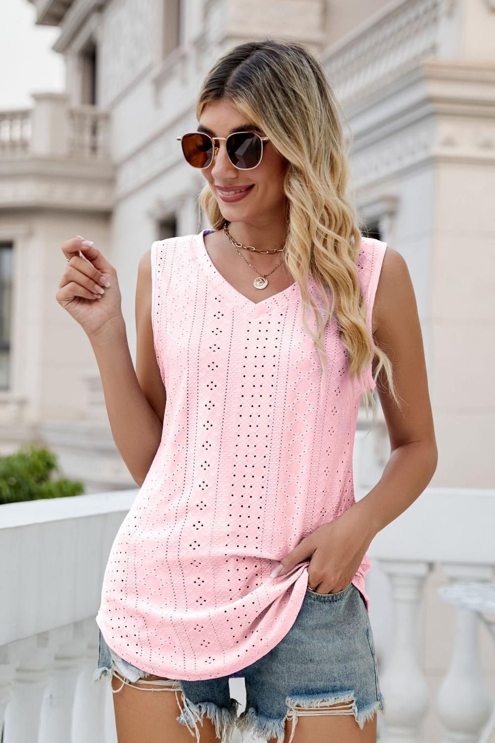 Model wearing pink ladies Sleeveless Eyelet V-Neck Tank