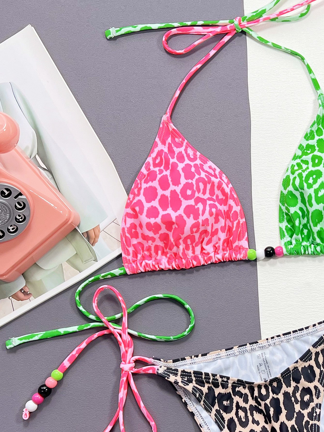 Ladies Neon Leopard Tied Halter Neck Bikini Set