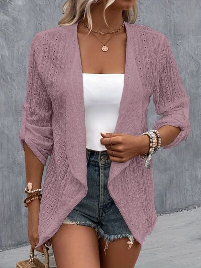 Model wearing a Lilac Contemporary Ladies Eyelet Roll-Tab Sleeve Cardigan