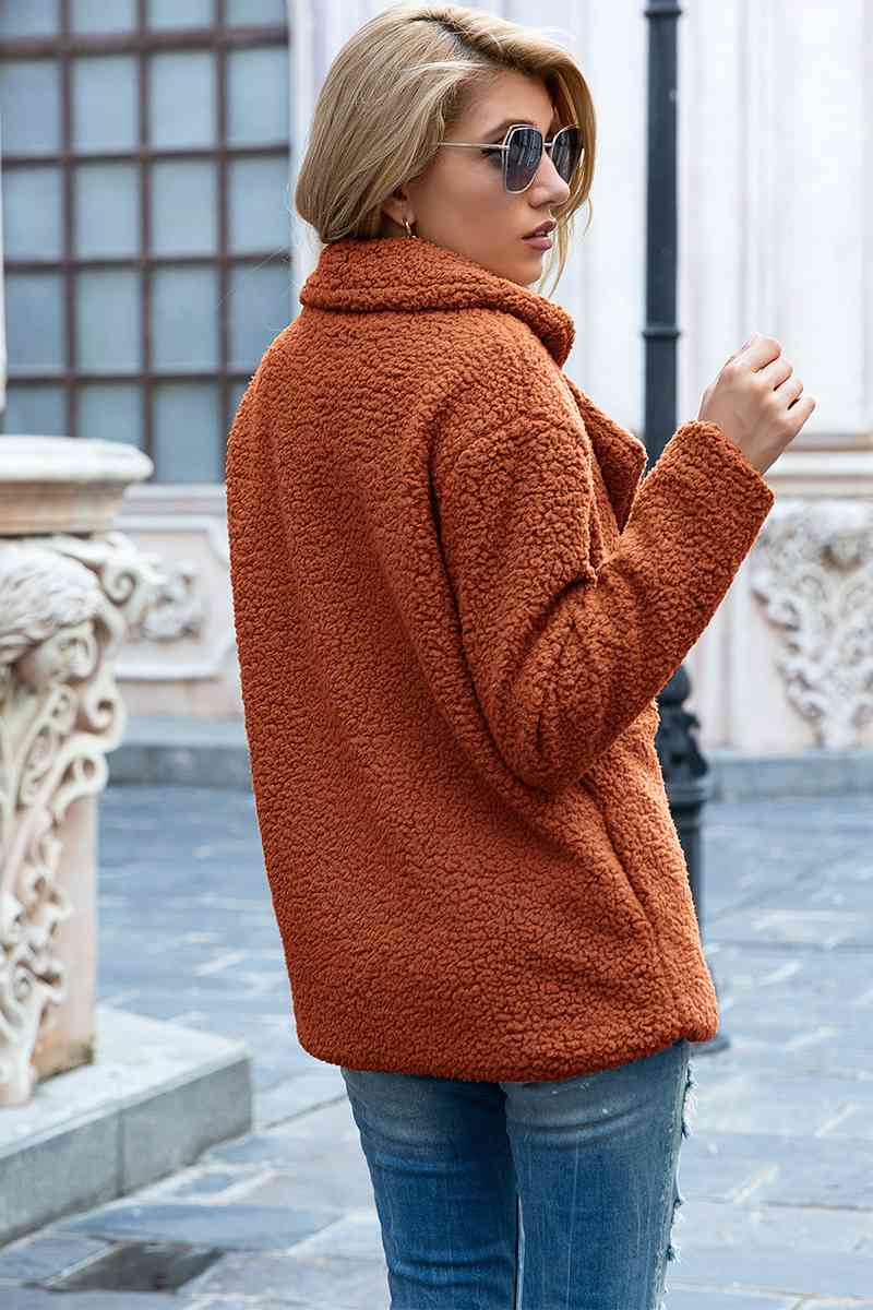 Model wearing Ochre Fashionable Women's Lapel Collar Sherpa Coat back view