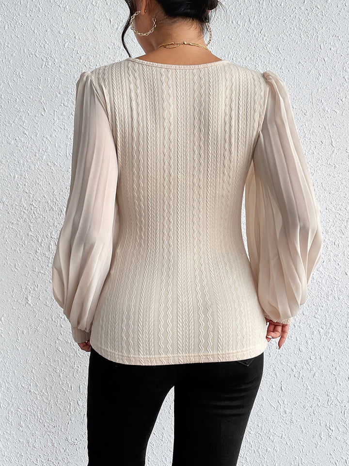 Back view of a model wearing a Cream Women's Casual Pleated Puff Sleeve Round Neck Blouse