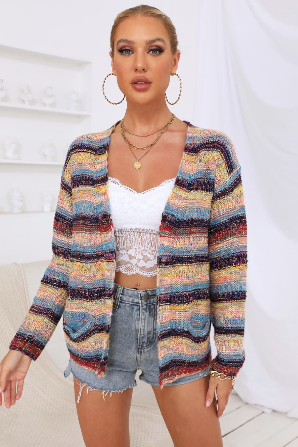 Ladies Striped Long Sleeve Open Front Cardigan
