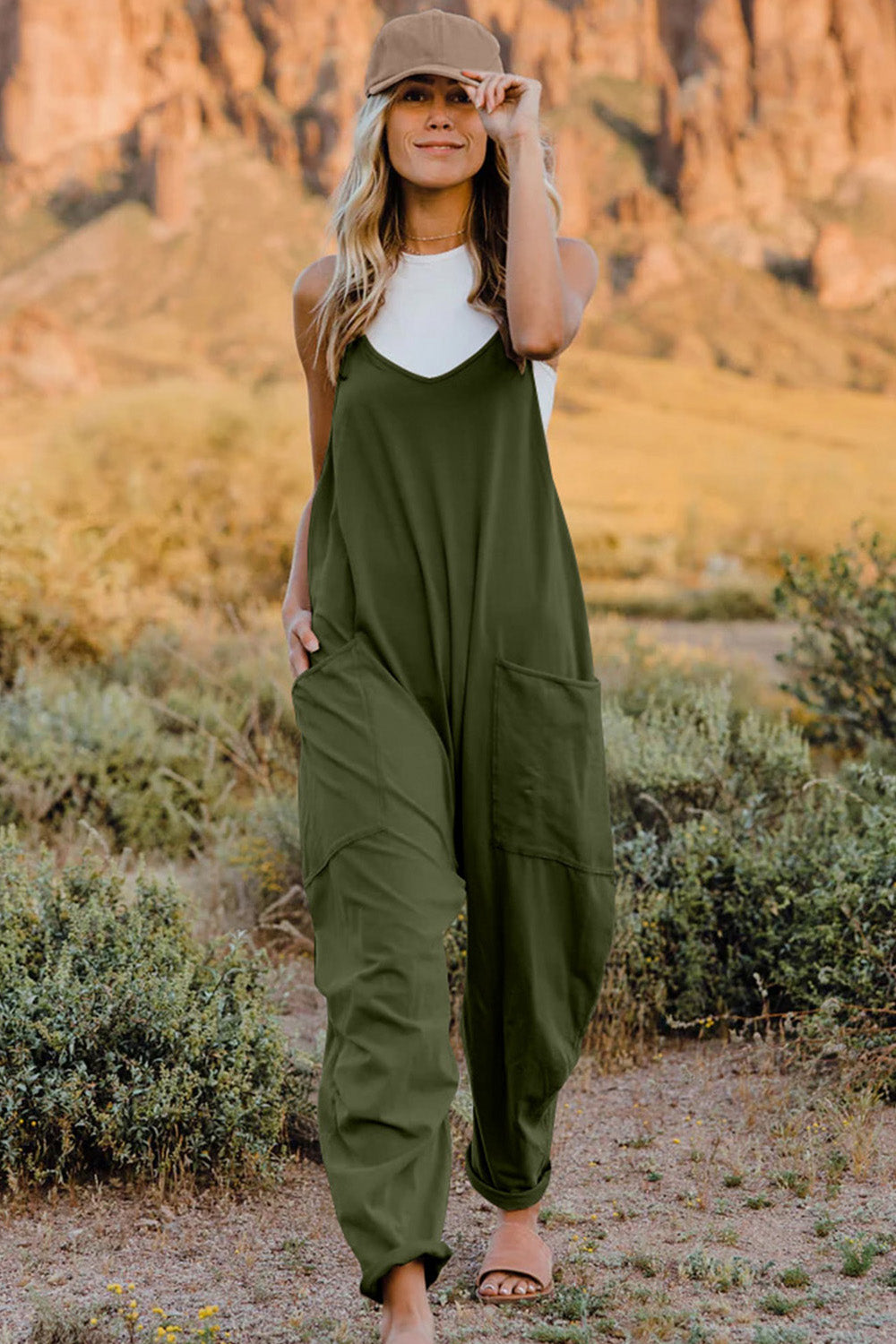 Women's V-Neck Sleeveless Jumpsuit with Pocket