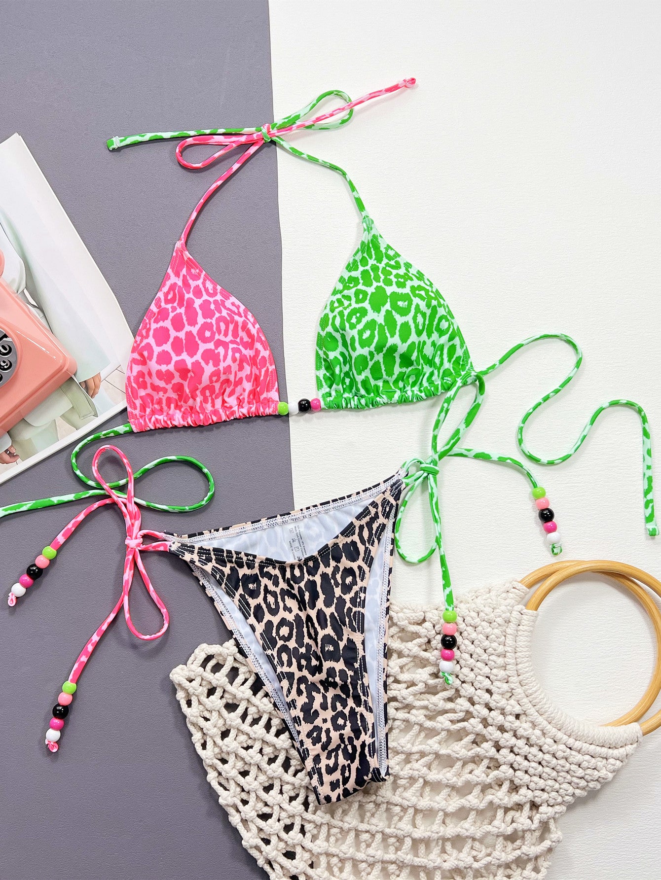 Ladies Neon Leopard Tied Halter Neck Bikini Set