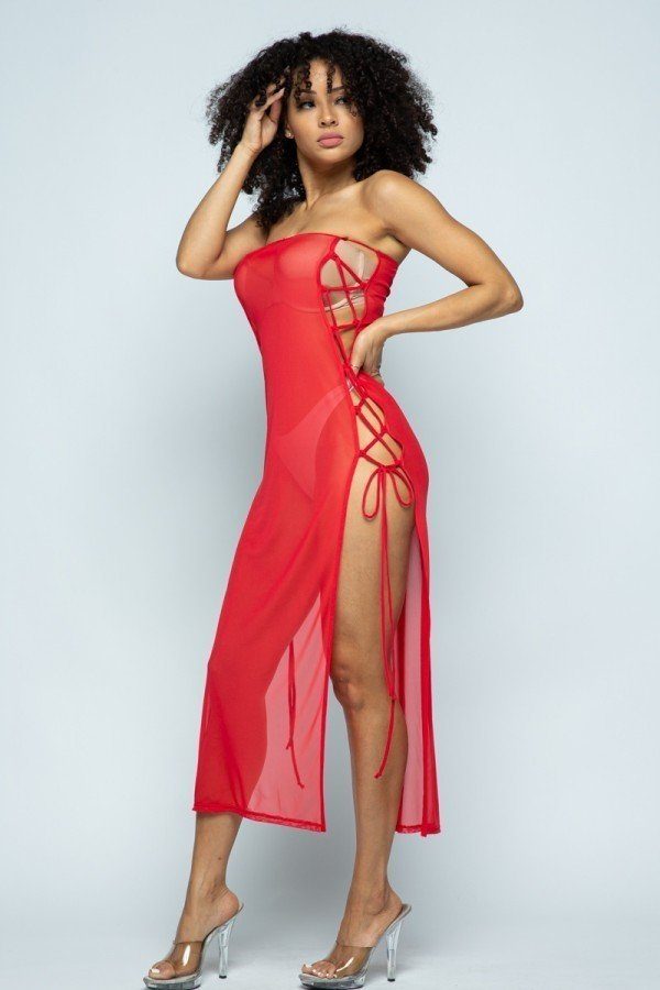 Women's red sheer side lace up cover up dress