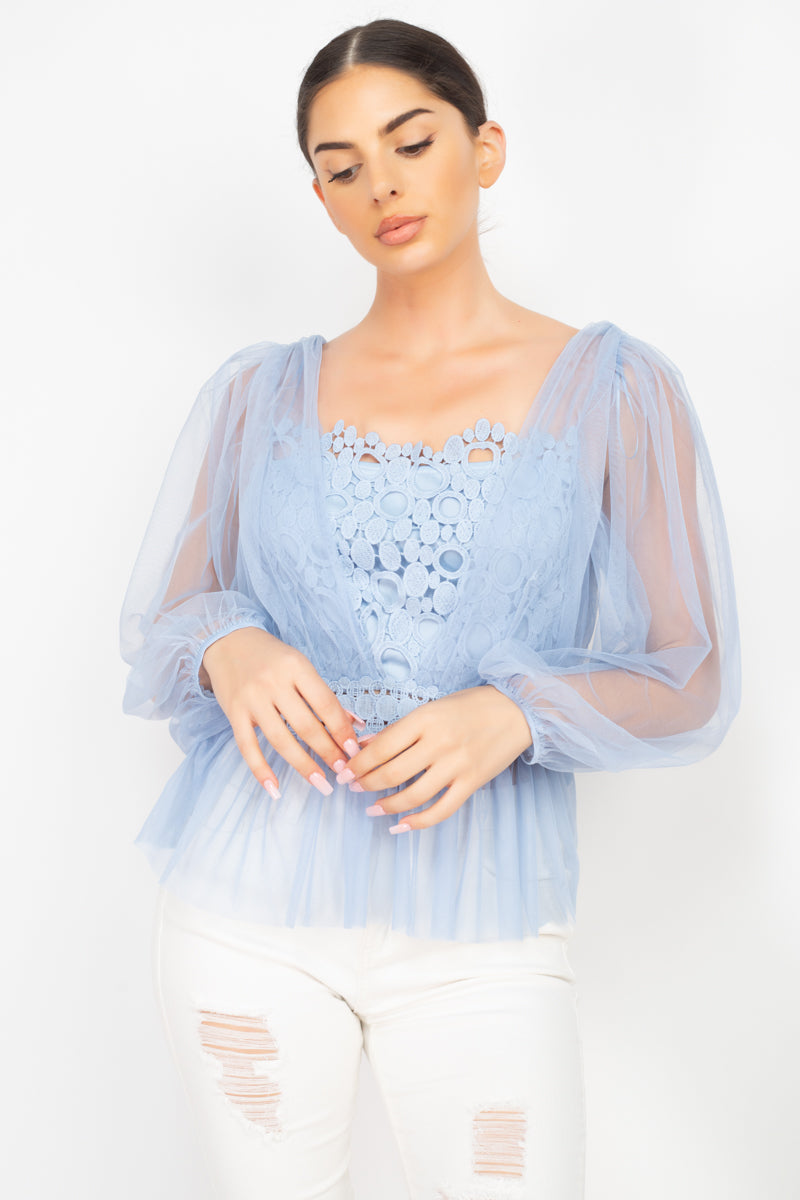 Women's Elegant Sheer Mesh Crochet Peplum Top