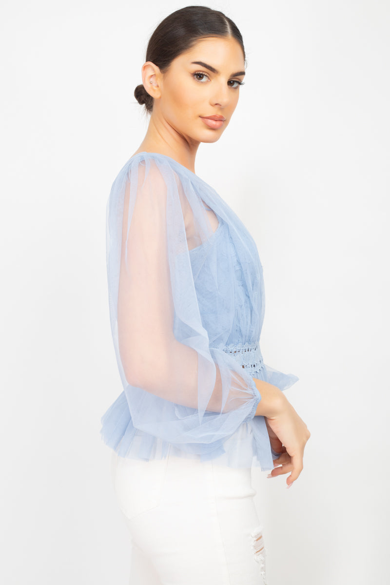 Women's Elegant Sheer Mesh Crochet Peplum Top