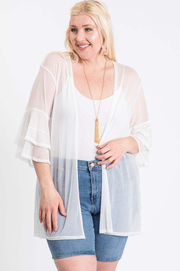 Ladies Sheer White Ruffle Sleeve Cardigan