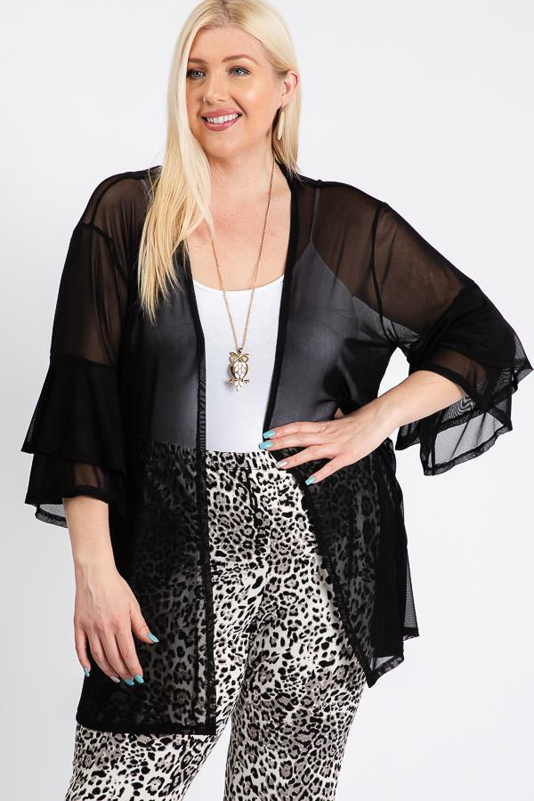 Crafted with a lightweight knitted fabric, this women's ruffle sleeve cardigan features a subtle ruffle detail along the sleeve for an extra touch of femininity.