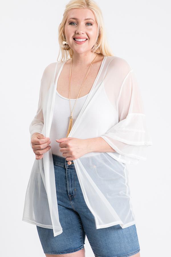 Ladies Sheer White Ruffle Sleeve Cardigan