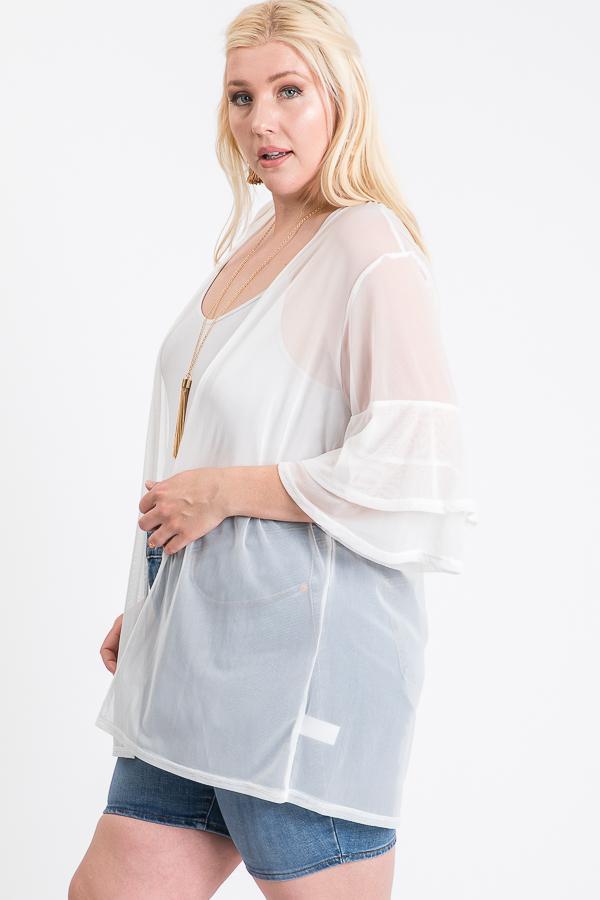 Ladies Sheer White Ruffle Sleeve Cardigan