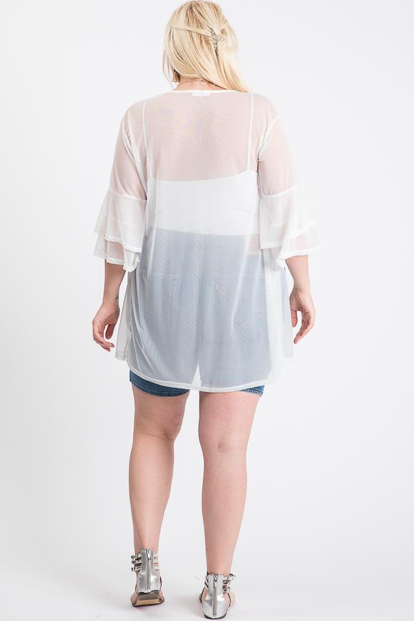 Ladies Sheer White Ruffle Sleeve Cardigan