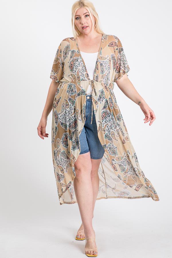 Ladies Short Sleeves Long-line Printed Mesh Open Cardigan