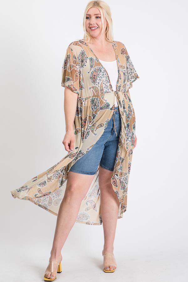 Ladies Short Sleeves Long-line Printed Mesh Open Cardigan