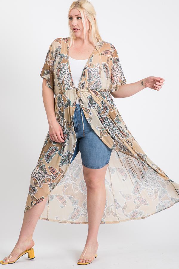 Ladies Short Sleeves Long-line Printed Mesh Open Cardigan