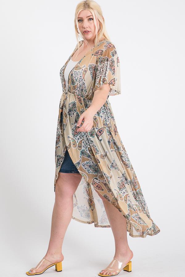 Ladies Short Sleeves Long-line Printed Mesh Open Cardigan