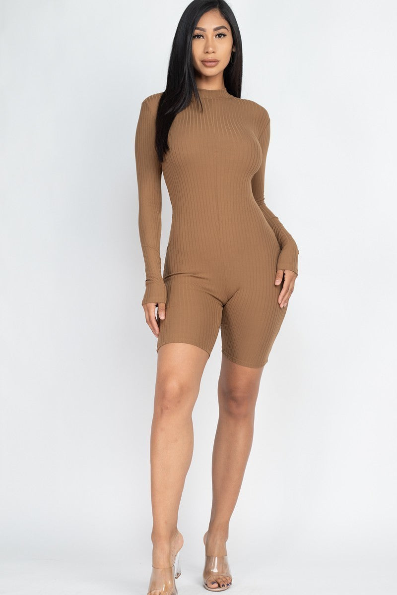 Ladies Mocha Ribbed Knit Romper