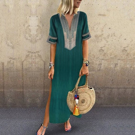 Women's Fashion Design Print V-Neck Short-Sleeve Side-Slit Maxi Dress