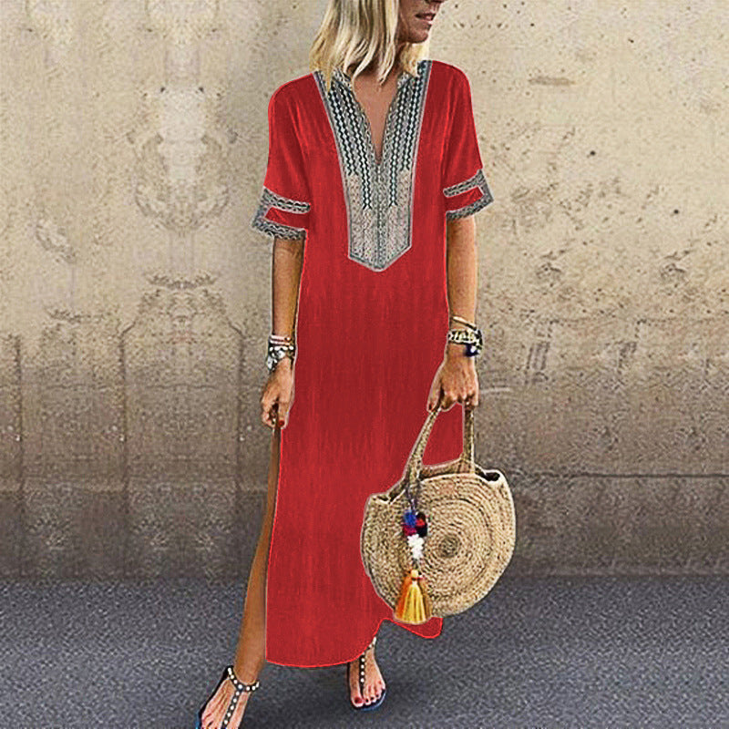 Women's Fashion Design Print V-Neck Short-Sleeve Side-Slit Maxi Dress