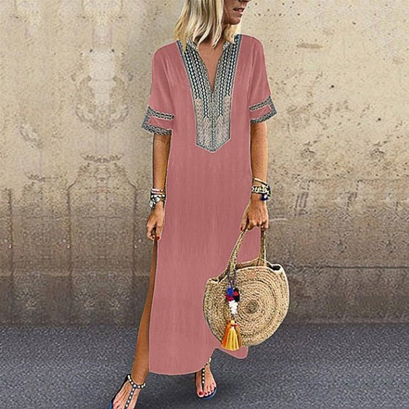 Women's Fashion Design Print V-Neck Short-Sleeve Side-Slit Maxi Dress