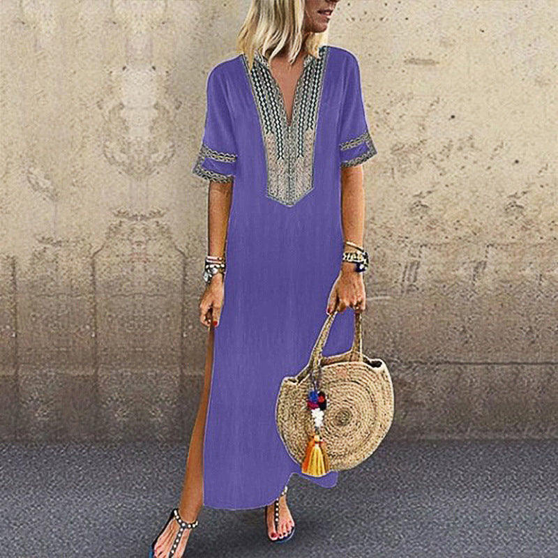 Women's Fashion Design Print V-Neck Short-Sleeve Side-Slit Maxi Dress