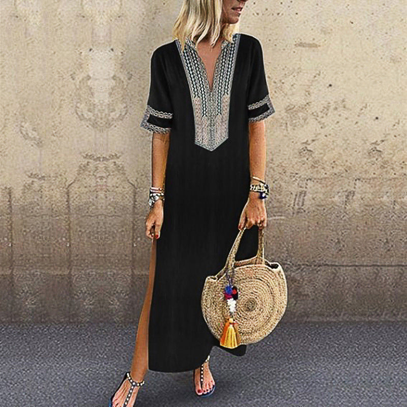 Women's Fashion Design Print V-Neck Short-Sleeve Side-Slit Maxi Dress