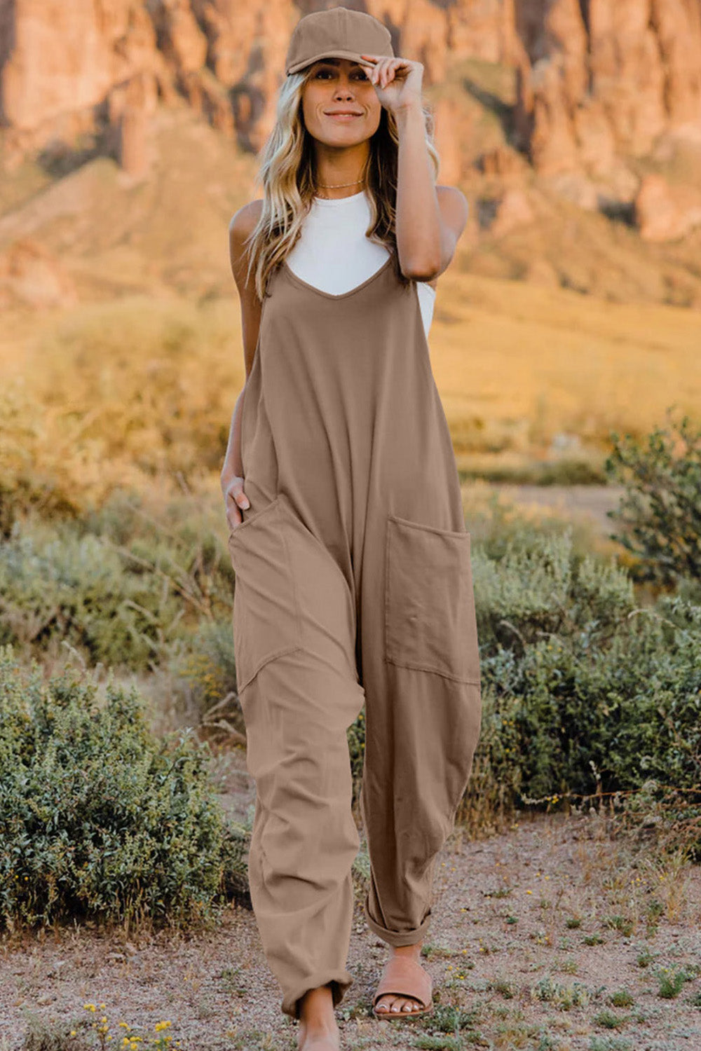 Women's V-Neck Sleeveless Jumpsuit with Pocket