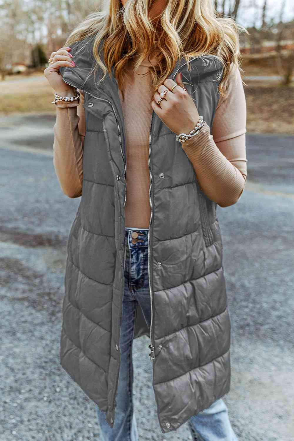 Ladies Sleeveless Longline Hooded Puffer Vest