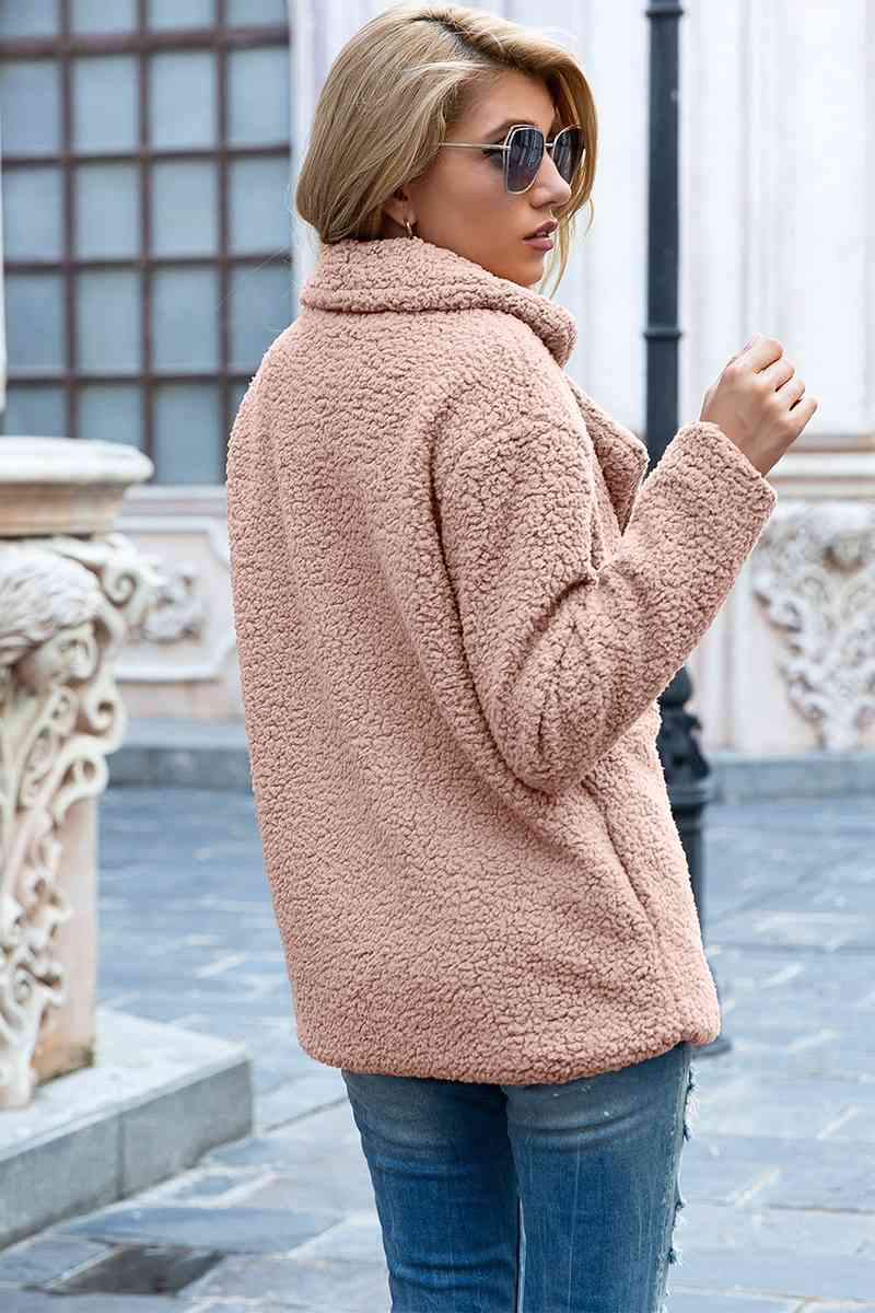 Model wearing Dusty Pink Fashionable Women's Lapel Collar Sherpa Coat back view