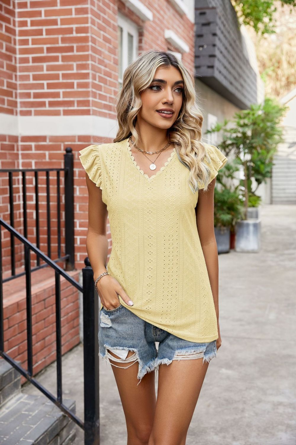 Ladies Eyelet Flutter Sleeve Scalloped V-Neck Top