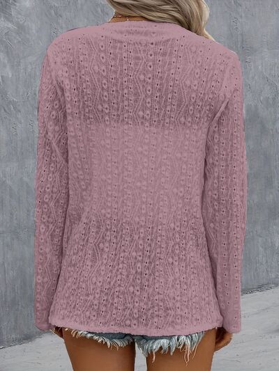 Back view of Model wearing a Lilac Contemporary Ladies Eyelet Roll-Tab Sleeve Cardigan