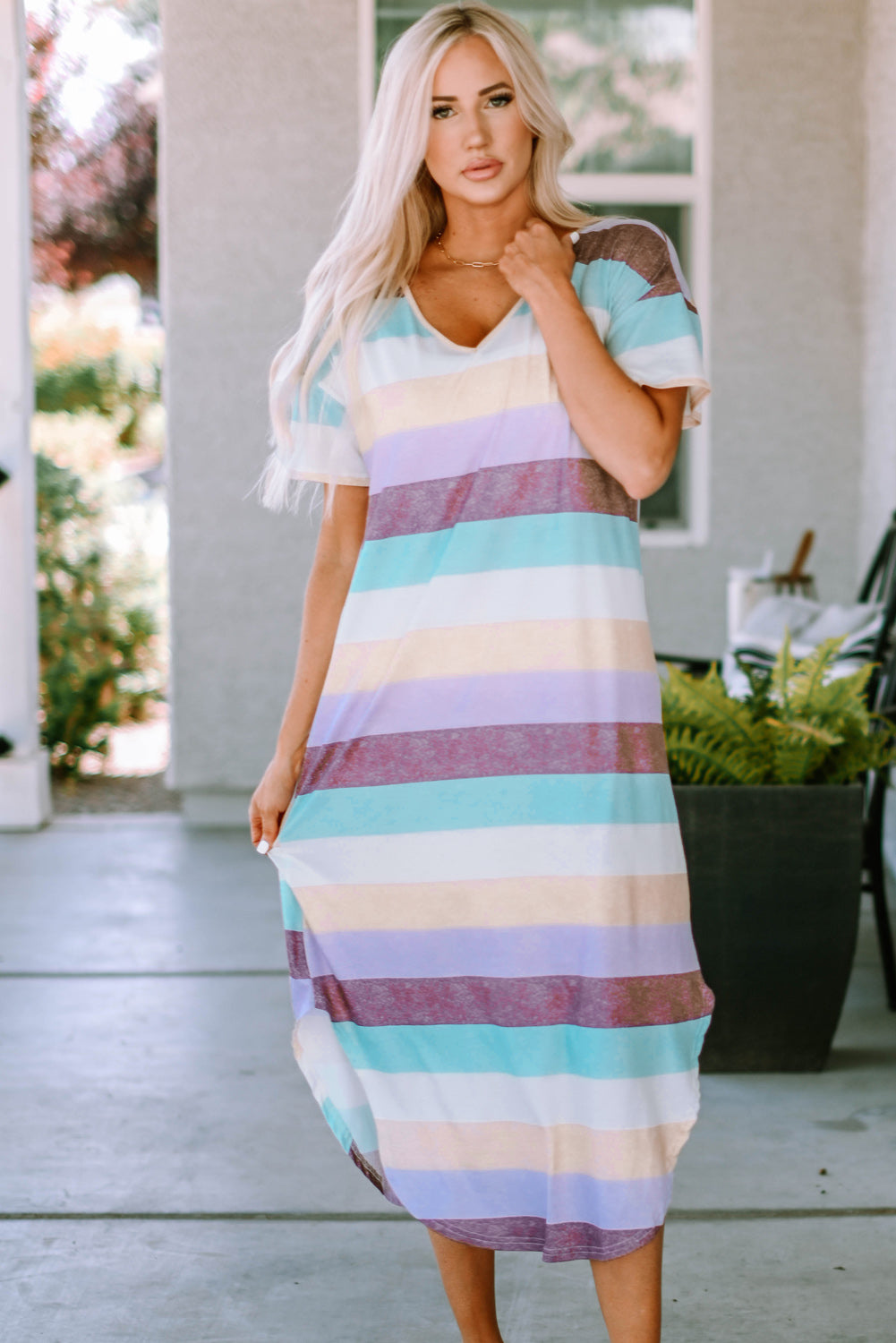 Women's Striped Colorful Hem Midi Dress